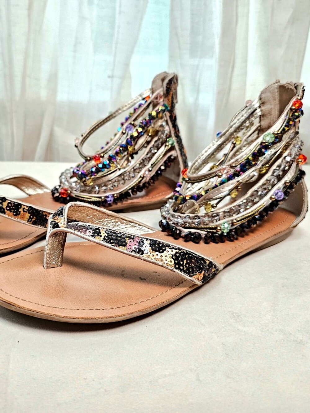ZIGI Girl Femme Crystal Gladiator Sandals Size 10 Champagne Beaded Flat Sandals - Picture 8 of 14